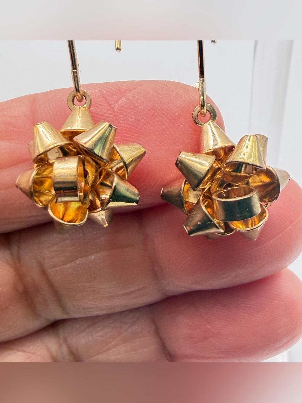 Vintage Style Gold Tone Ribbon Bow Dangle Earrings Long Kidney Wire Pierced